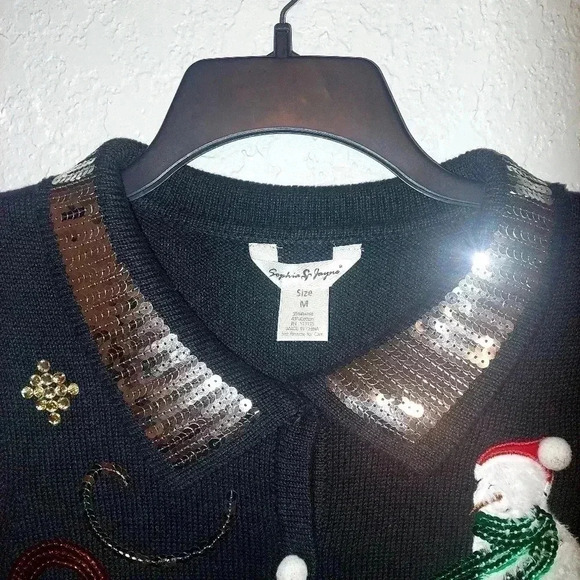 Sophia Jayne Ugly Christmas Sweater Vest Medium Black Sequins Faux Fur Snowman - Picture 3 of 10